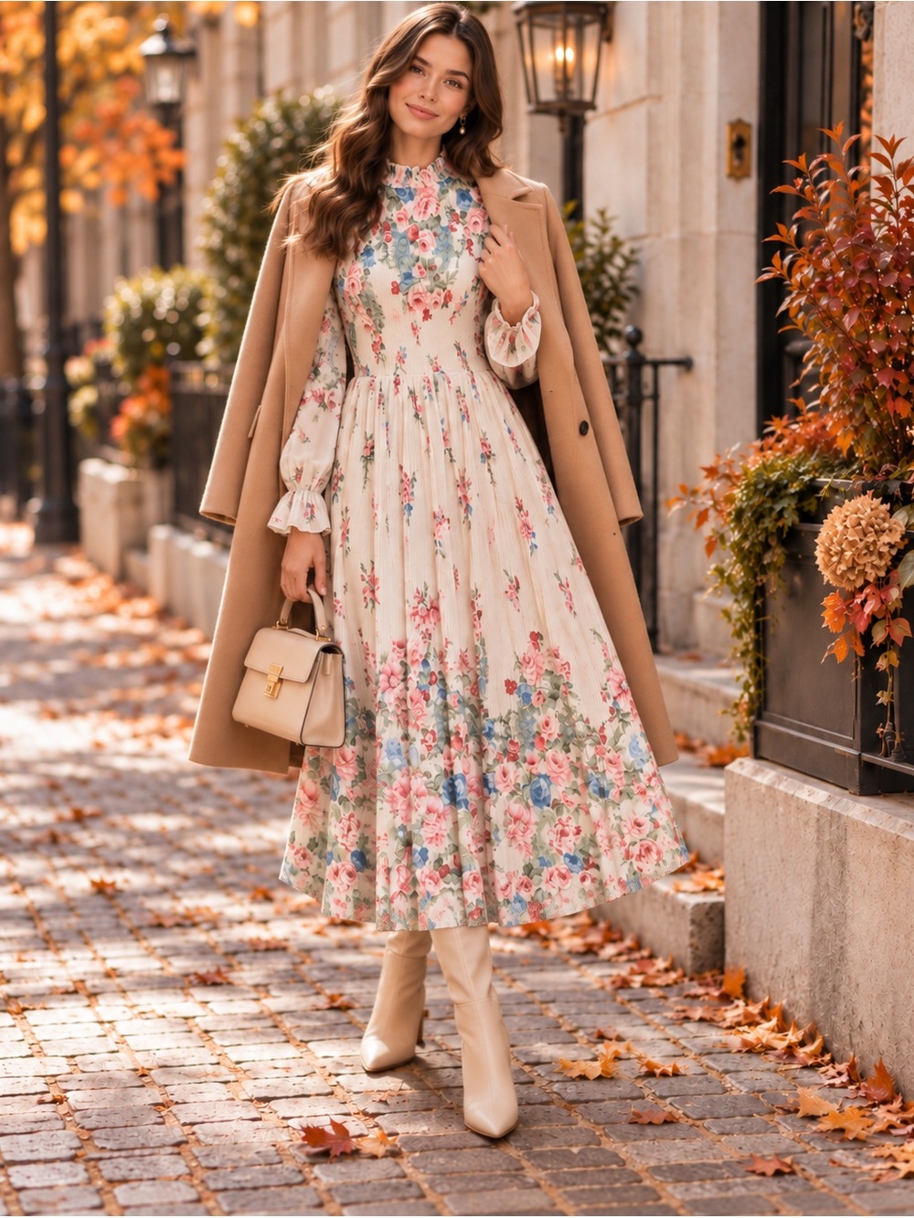 Flying Tomato Cream Floral Maxi Dress with Pink and Blue Accents